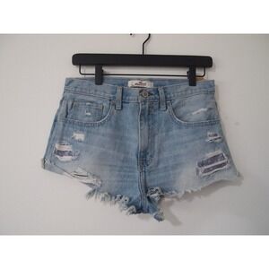 Hollister Distressed Denim Jean Shorts Ripped Bandana Patches Light Wash Women's